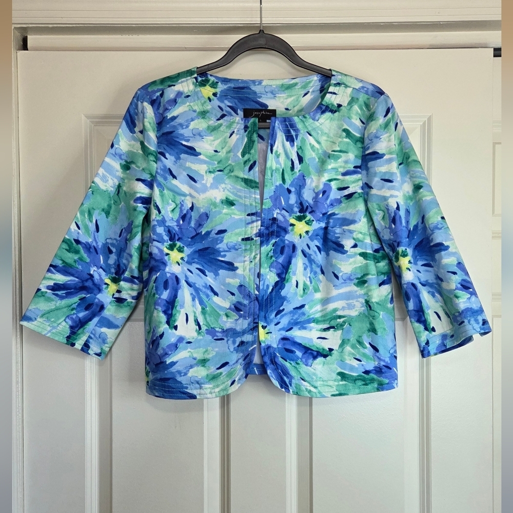 Josephine Blue & Green Watercolor Floral Print Cropped Jacket - Size 6
